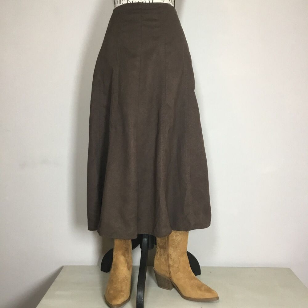 Brown faux vegan suede western prairie a line skirt satin liner size 6 waist 30”